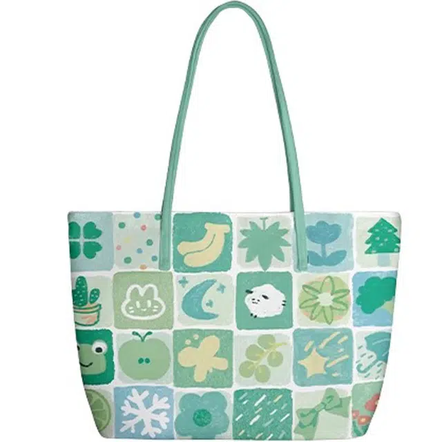 奥松 家用家居拼接夏季通勤硬挺小众单肩包托特包大容量 绒面科技布 手提包 男女同款情侣款 青格绿色