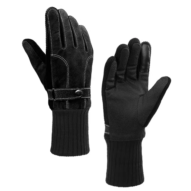南极人 秋冬 加绒加厚户外骑行开车登山防寒防风触屏防滑全指 猪皮 手套 男款