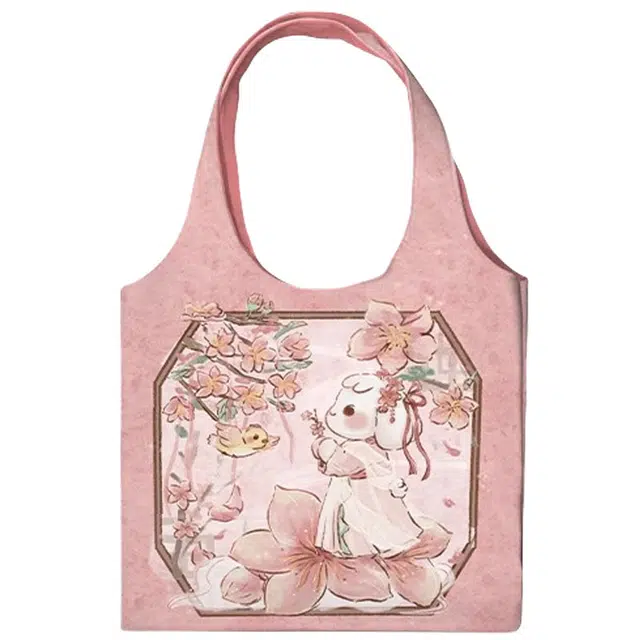 奥松 家用家居兔兔超人可爱粉色通勤布包设计师慵懒休闲大容量手提包袋 绒面科技布 单肩包 男女同款情侣款 古风桃桃