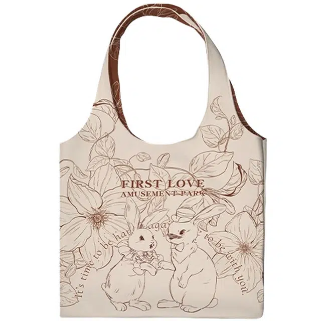 奥松 家用家居慵懒风大容量上班通勤设计感小众单 肩袋布包女可爱兔兔包 绒面科技布 单肩包 男女同款情侣款 初恋游园和尚包