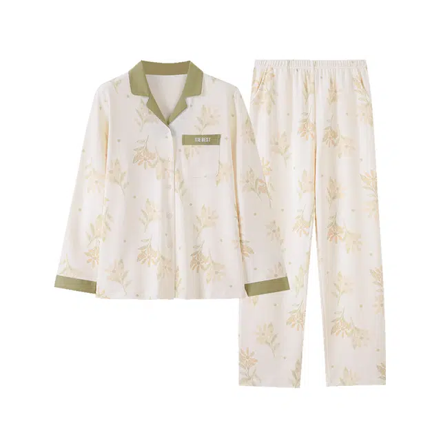 歌倩雅 开衫翻领甜美长袖长裤家居服睡衣套装 女款 图色