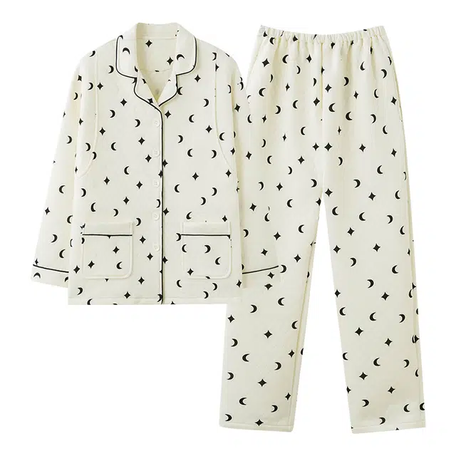 莫代尔 保暖亲肤翻领开衫时尚满印两侧隐蔽哺乳口长袖可调节裤腰长裤夹层月子服可外穿睡衣套装 女款 杏色