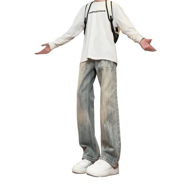 洞洞拐 韩版美式高街复古闪电爆裂纹水洗做旧小众高腰直筒微喇拖地显高显瘦长裤牛仔裤 男女同款