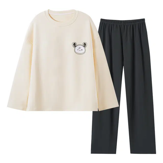 欧诗帛 简约纯色圆领可外穿舒适带胸垫长袖睡衣套装 女款 图色