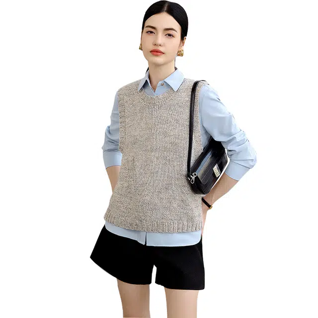 她池 针织马夹设计感套头圆领宽松叠穿时髦马甲 女款 花灰色