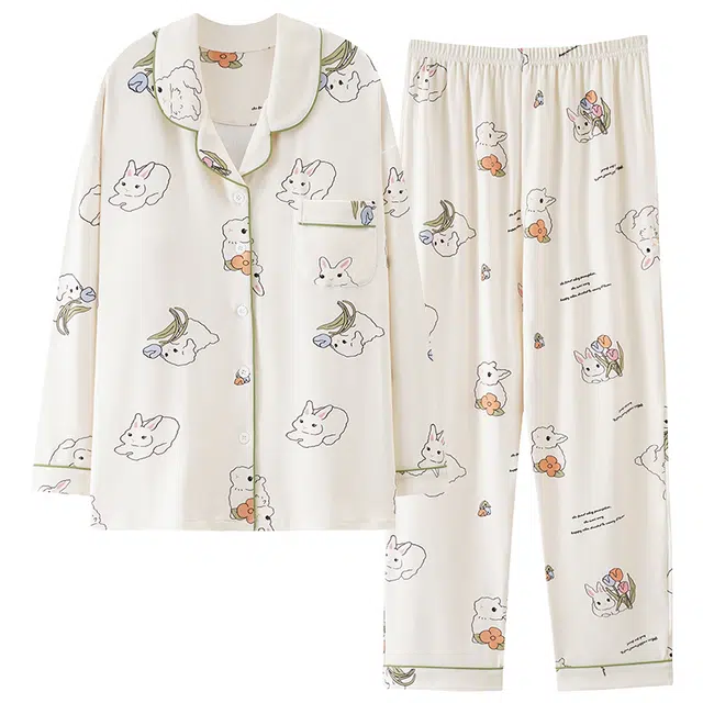 俏佳人 开衫翻领带胸垫满印休闲长袖长裤可外穿睡衣套装 女款 米白色