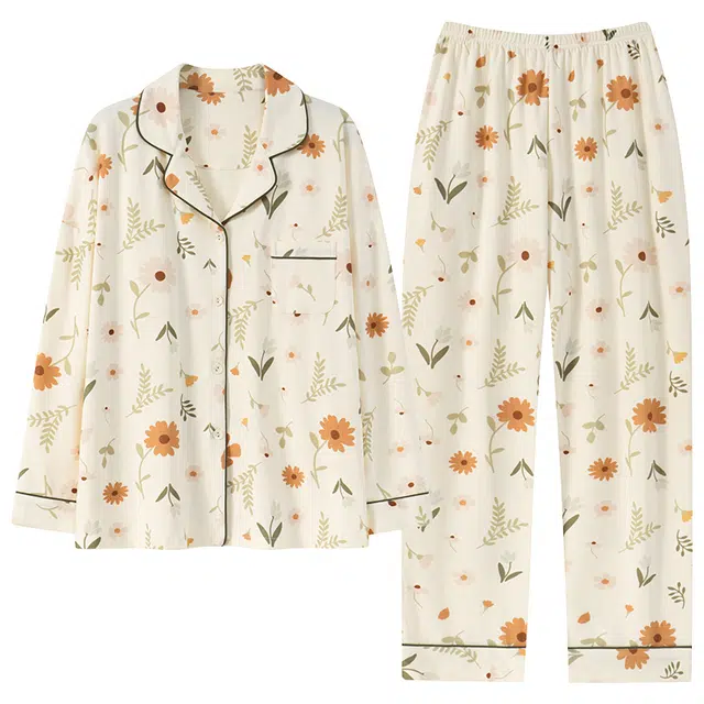 莫代尔 小清新亲肤细腻柔软舒适长袖长裤居家服睡衣套装 女款 杏色