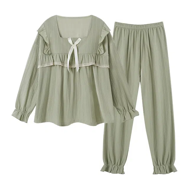 欧诗帛 简约亲肤舒适可外穿带胸垫套头长袖休闲柔软长裤睡衣套装 女款 浅绿色
