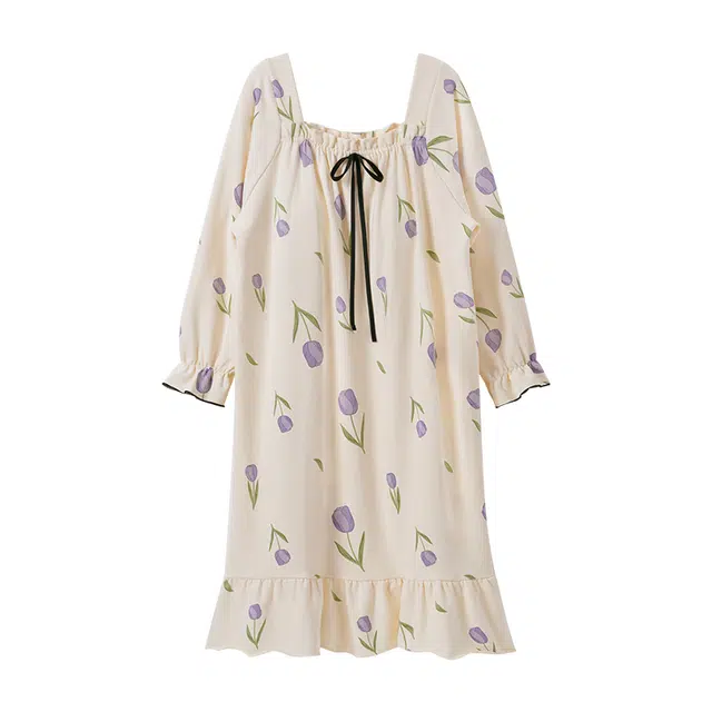 欧诗帛 带胸垫可外穿高颜值舒适长袖睡裙 女款 杏色