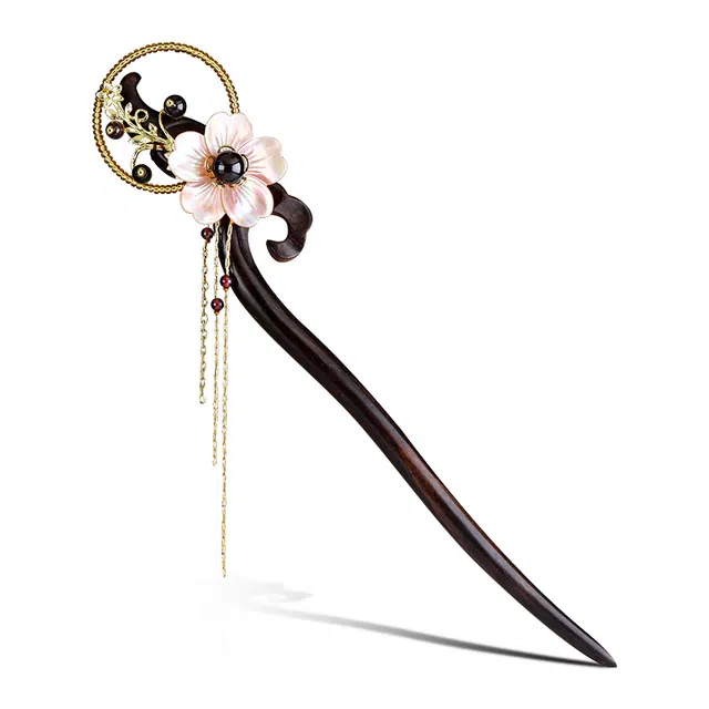 凤凰涅磐 新中式简约现代古风旗袍盘发日常流苏步摇 黑檀木 石榴石 发簪 女款 粉色 礼物 礼盒