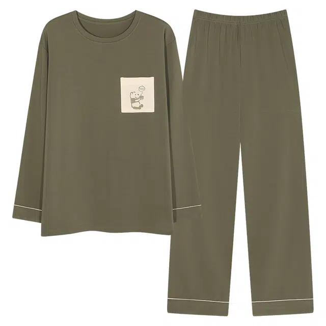 梦特娇 休闲简约长袖长裤圆领可外穿家居服 时尚口袋卡通设计 舒适纯棉保暖上衣柔软亲肤睡衣套装 秋冬季 男款 两件装 绿色