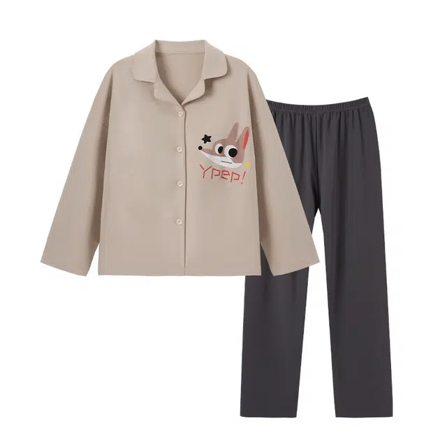 欧诗帛 可外穿带胸垫简约印花纯色长袖睡衣套装 女款 图片色