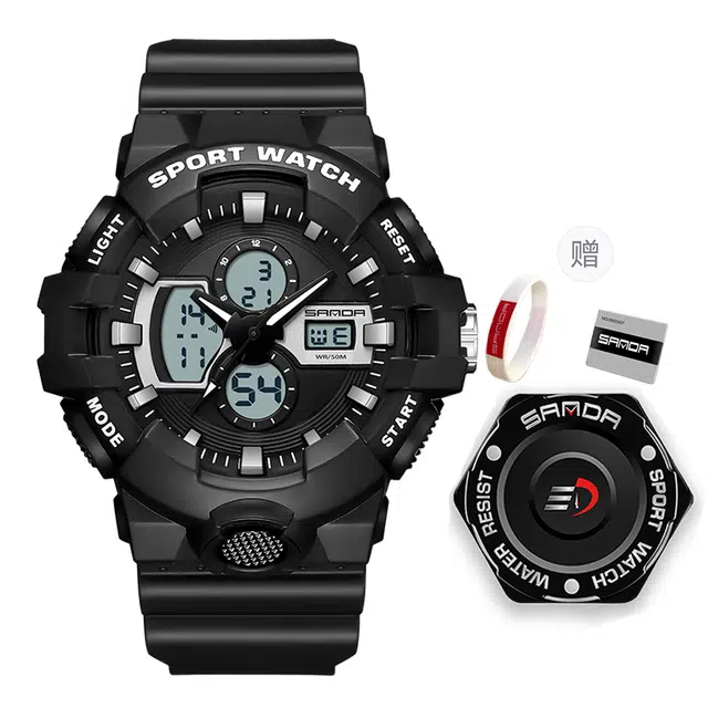 三达新款电子表双显多功能时尚潮流创意户外防水黑色表盘男士腕表国表电子+石英机芯