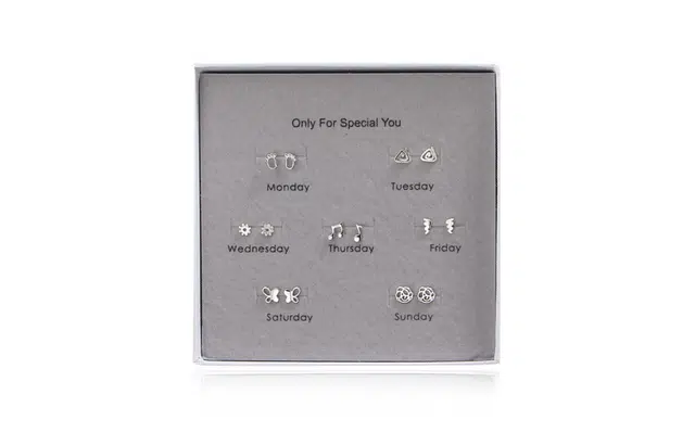 尚银福 一周七天耳饰 森系小清新小巧精致时尚简约气质 脚印三角权视之眼闪电太阳音符蝴蝶玫瑰花元素七对套装 合金 耳钉 女款