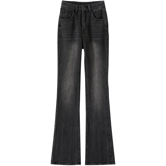 她池 复古高腰修身水洗喇叭长裤牛仔裤 女款 黑灰色