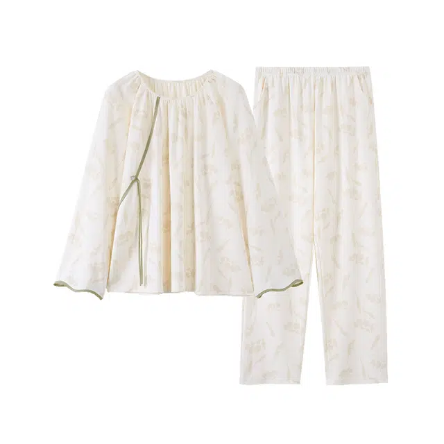 歌倩雅 柔软舒适细腻亲肤中式盘扣长袖长裤秋冬季睡衣套装 女款 白色