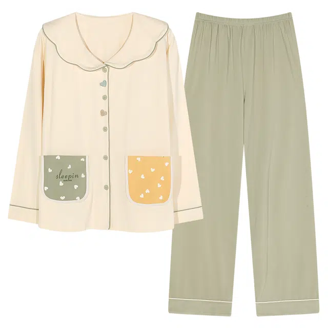 梦特娇 甜美公主风开衫娃娃领长袖直筒长裤家居服可外穿 爱心口袋设计 休闲简约舒适亲肤宽松大码上衣睡衣套装 秋冬 女款 两件装 米白色