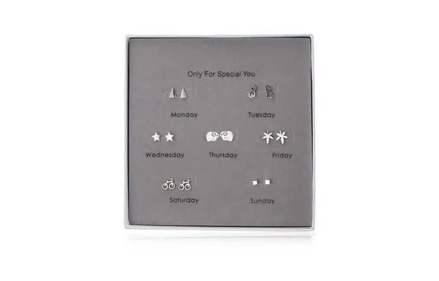 尚银福 一周七天耳饰 森系小清新小巧精致时尚简约气质 三角方形几何设计小猫小羊枫叶单车元素七对套装 合金 耳钉 女款