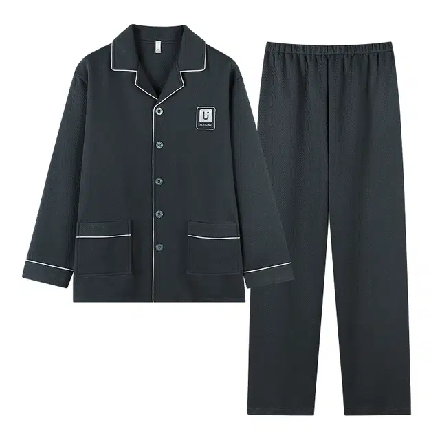 莫代尔 可外穿气质保暖储温蓄热轻熟风细腻舒适亲肤韩版时尚透气开衫翻领圆润纽扣宿舍简约休闲长袖长裤睡衣套装 男款 灰色