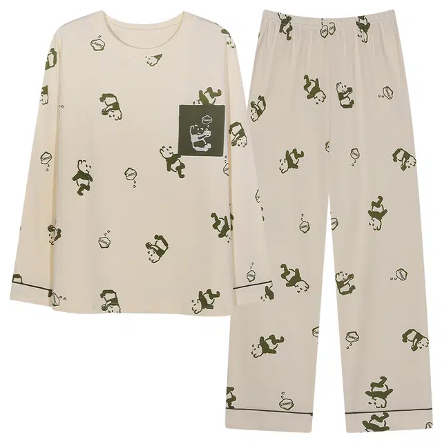 梦特娇 甜美简约圆领长袖长裤可外穿闲卡通满印保暖宽松舒适亲肤秋冬季睡衣套装 女款 图片色