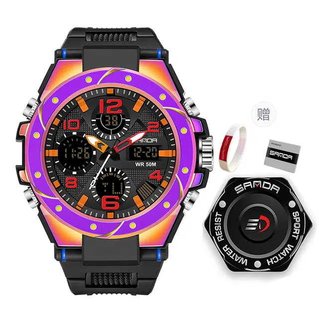 三达电子+石英机芯防水男女同款手表黑色表盘幻彩表壳潮流时尚简约手表国表