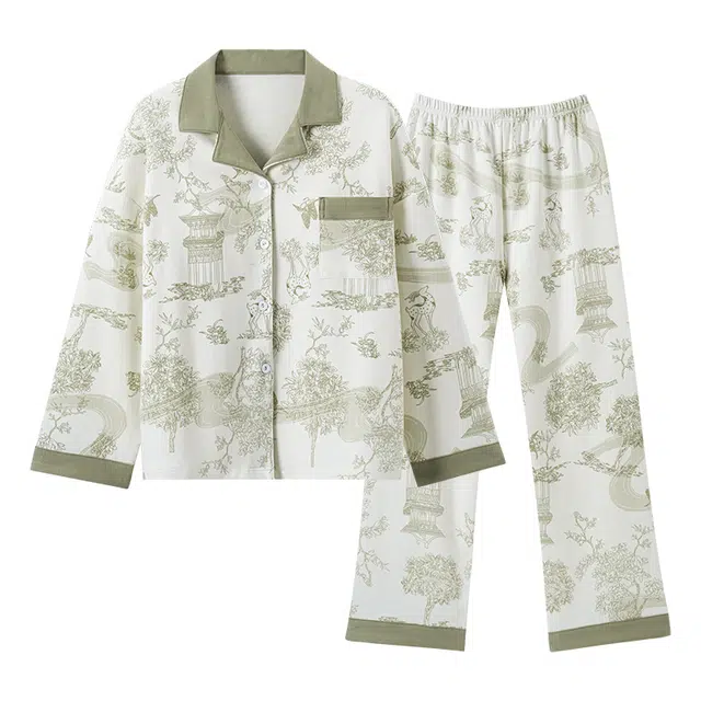 欧诗帛 带胸垫休闲舒适长袖长裤可外穿睡衣套装 女款 浅绿色