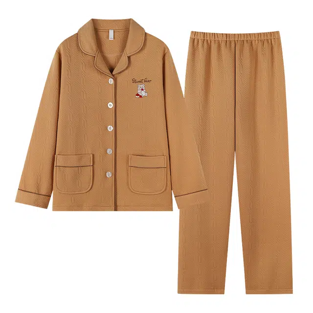 莫代尔 保暖蓄热不闷热舒适亲肤细腻柔软亲肤翻领开衫时尚长袖长裤睡衣套装 女款 桔色