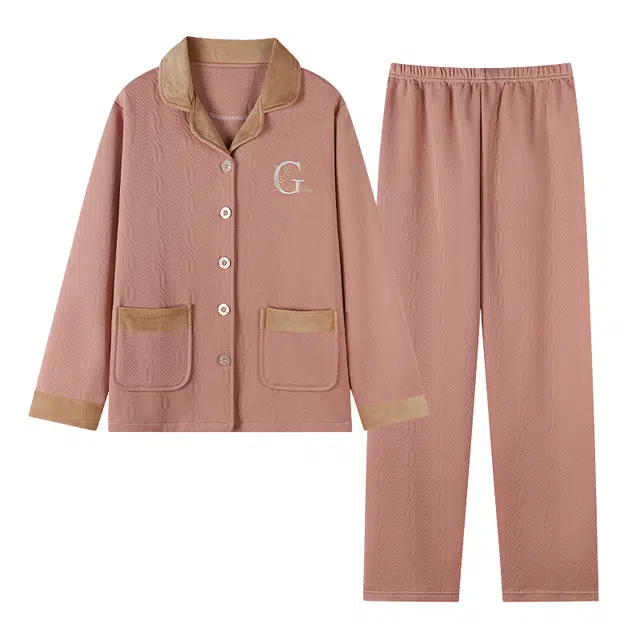 莫代尔 字母提花翻领保暖蓄热上衣纯色舒适亲肤长裤睡衣套装 女款 桔红色