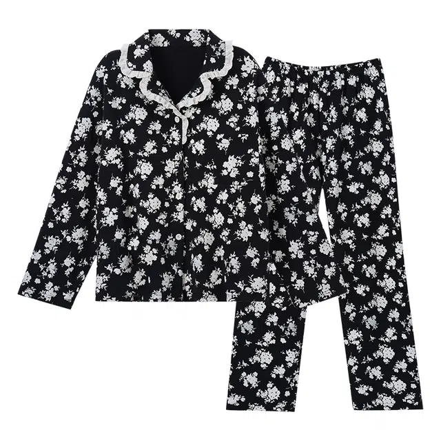 欧诗帛 居家可外穿舒适带胸垫长袖长裤睡衣套装 女款 黑色