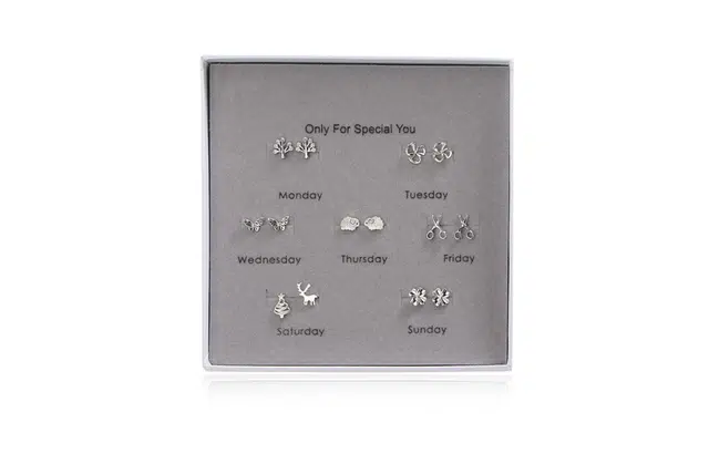 尚银福 一周七天耳饰 森系小清新小巧精致时尚简约气质 风车三叶草蝴蝶小羊麋鹿圣诞树幸运四叶草剪刀元素七对套装 合金 耳钉 女款