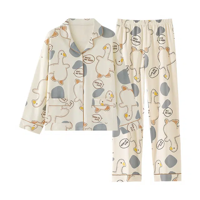 欧诗帛 可外穿简约亲肤透气长袖长裤睡衣套装 女款 杏色