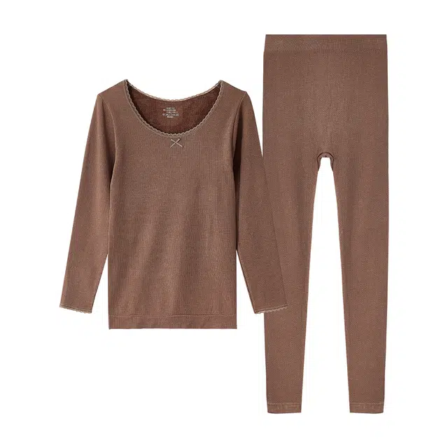 莫代尔 一体绒保暖加绒毛圈打底衫睡衣套装 女款 奶咖