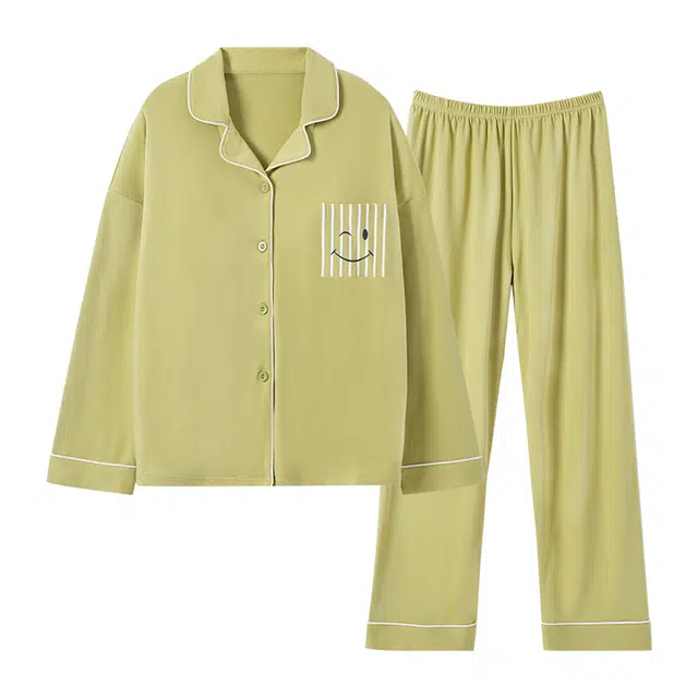 欧诗帛 纯色透气带胸垫长袖长裤可外穿睡衣套装 女款 绿色