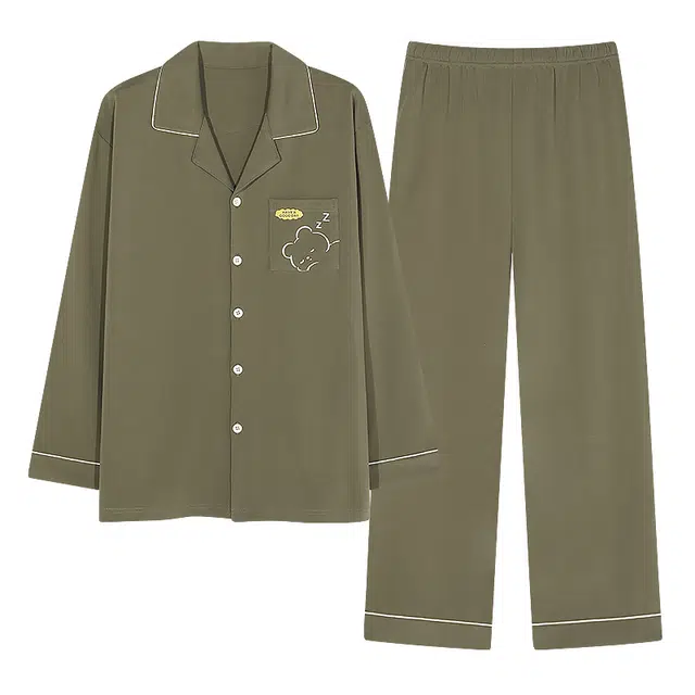 梦特娇 闲简约翻领长袖长裤开衫家居服可外穿纯色卡通口袋设计小众宽松舒适亲肤青年纯棉保暖上衣睡衣套装 男款 两件套 墨绿色