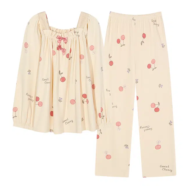 梦特娇 甜美可爱蝴蝶结翻领长袖长裤可外穿家居服 舒适透气柔软亲肤休闲简约卡通印花纯棉保暖上衣宽松大码睡衣套装 秋冬季 女款 米白色