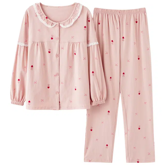 莫代尔 简约亲肤舒适满印甜美长袖时尚休闲可外穿长裤睡衣套装 女款 藕色