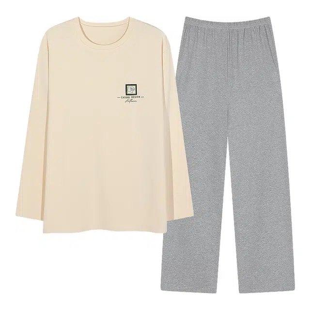 梦特娇 简约纯棉家居服可外穿圆领长袖长裤舒适透气亲肤 个性印花高级感设计休闲宽松青年学生保暖上衣睡衣套装 秋冬 男款 两件装 米白色