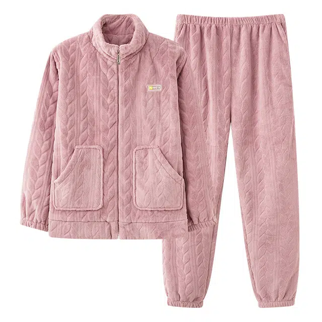 睦隆世家 亲肤休闲舒适加厚开衫可外穿长袖不勒腹长裤家居服睡衣套装 女款 粉红色