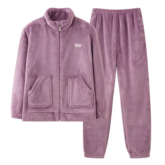 睦隆世家 纯色立领保暖休闲上衣舒适亲肤长裤睡衣套装 女款 桃色