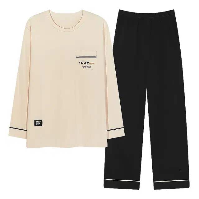 梦特娇 简约可外穿圆领长袖休闲长裤家居服纯棉保暖 舒适亲肤透气青年学生宽松百搭上衣睡衣套装 秋冬季 男款 两件套 米白色