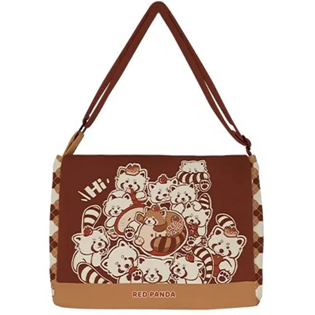 奥松 家用家居红熊猫包早八通勤学生上班族单肩手提包 绒面科技布 斜挎包 男女同款情侣款 红色拼棕色