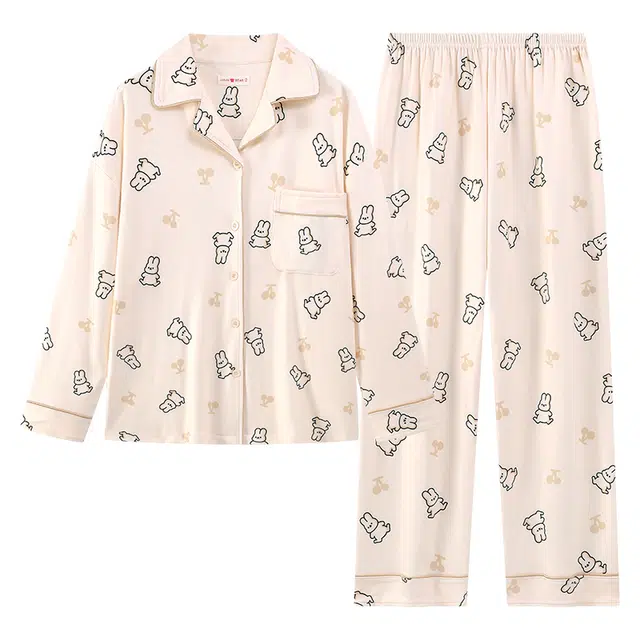 莫代尔 开衫翻领甜美韩版卡通满印亲肤长袖长裤家居服可外穿睡衣套装 女款 杏色