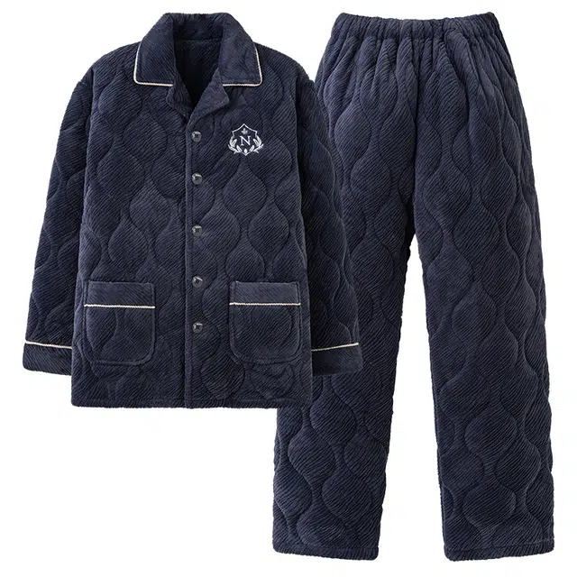 睦隆世家 休闲宽松保暖舒适细腻亲肤轻盈微弹透气夹棉长袖长裤不易掉毛睡衣套装 男款 藏青色