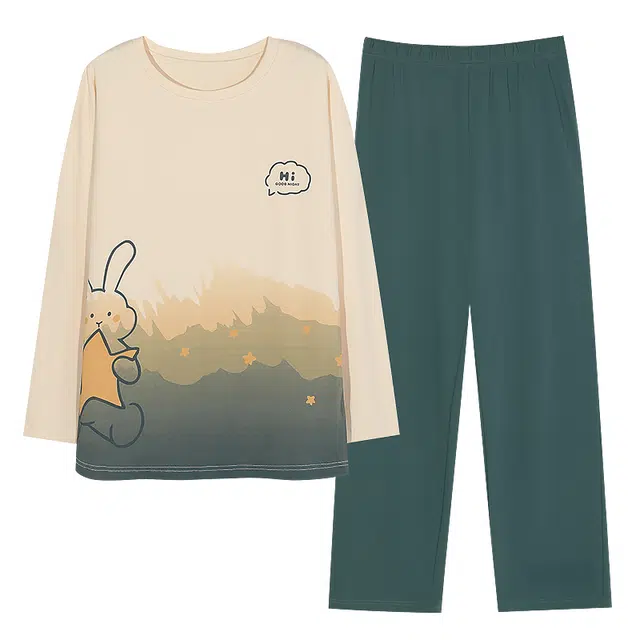 梦特娇 卡通韩版可外穿长裤长袖家居服 舒适百搭休闲简约纯棉保暖上衣宽松大码睡衣套装 秋冬季 女款 两件装 蓝色