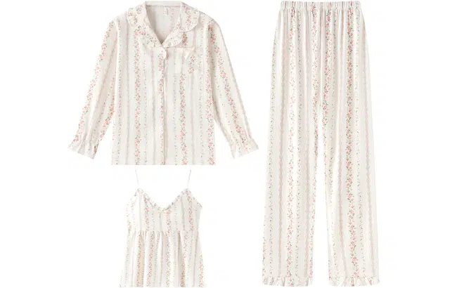 宫蝶 长袖柔肤棉家居服三件套休闲可外穿满印碎花田园风开衫睡衣套装 女款 杏色