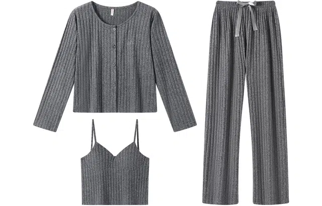 宫蝶 针织长袖提花薄绒保暖家居服休闲可外穿三件套简约带胸垫开衫睡衣套装 女款