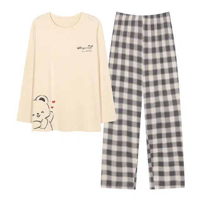 梦特娇 简约卡通套头长袖长裤圆领可外穿纯棉家居服 休闲风百搭舒适透气宽松保暖上衣睡衣套装 秋冬季 男女同款 两件装 米黄色