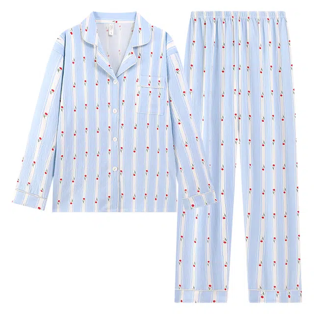 莫代尔 开衫翻领满印时尚甜美亲肤长袖长裤家居服可外穿睡衣套装 女款 浅蓝色