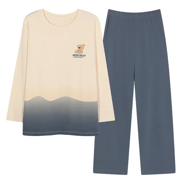 梦特娇 简约休闲长袖长裤可外穿家居服纯棉圆领套头 可爱小熊渐变设计感 舒适亲肤透气宽松保暖上衣睡衣套装 秋冬季 男款 两件装 湖蓝色