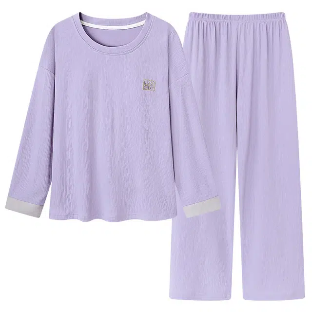 莫代尔 舒适柔软亲肤带胸垫不凸点圆领甜美卡通长袖长裤家居服可外穿睡衣套装 女 薰衣草淡紫